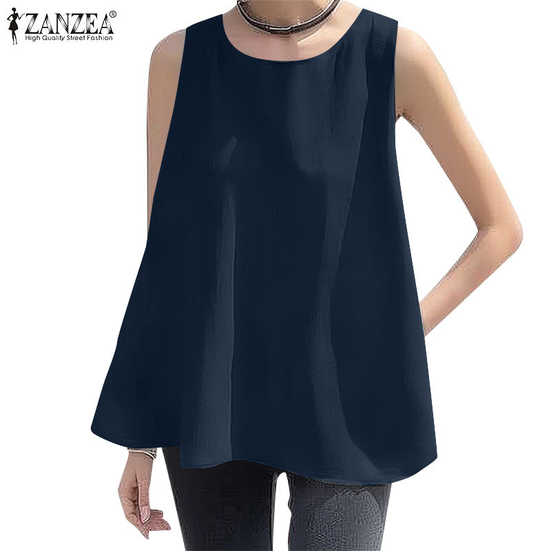 ZANZEA ซานเซีย ผู้หญิงเกาหลีสไตล์เรียบง่ายลําลองคอกลมแขนกุดหลวมเสื้อกล้าม