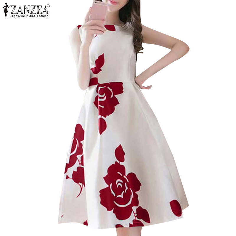 ZANZEA ซานเซีย ชุดเดรสแขนกุดคอกลมลายดอกไม้พิมพ์ลายแฟชั่นเกาหลีสําหรับผู้หญิง