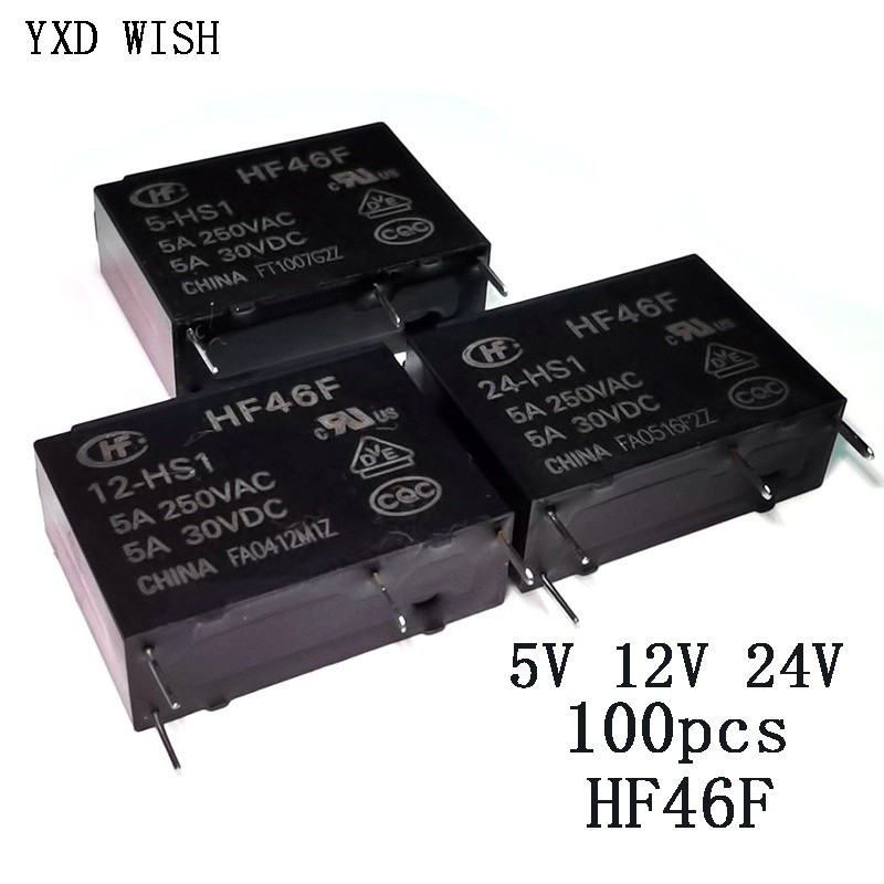 ❆100pcs 5A HF46F Relay 4Pin HF46F-5-HS1 HF46F-12-HS1 HF46F-24-HS1 Power Relays Een Normaal Open 5 12