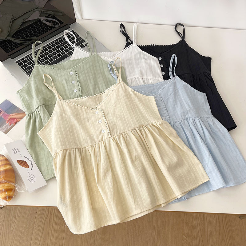 เสื้อสายเดี่ยวผู้หญิง กระดุมหน้า คอแต่งระบาย สีพื้น สไตล์น่ารัก  เกาหลีผูกสีทึบฟั่นเสื้อกั๊กน่ารักด้านนอกสวมใส่ด้านบน