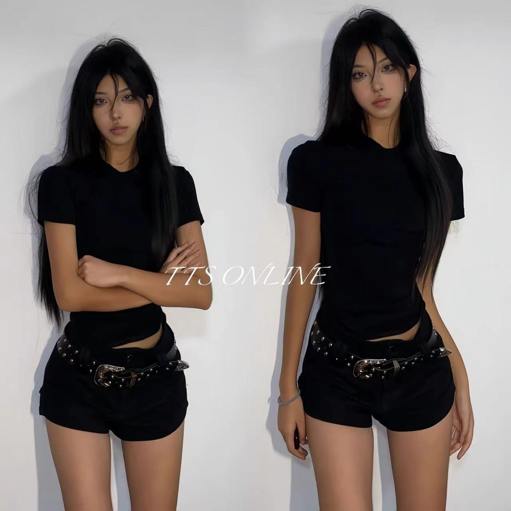 TTS 2024 ใหม่สไตล์อเมริกัน สูททูพีซ กางเกงเอวต่ำ ผ้ายืด เสื้อแขนสั้นเท่ๆ มีเข็มขัด（พร้อมเข็มขัด）