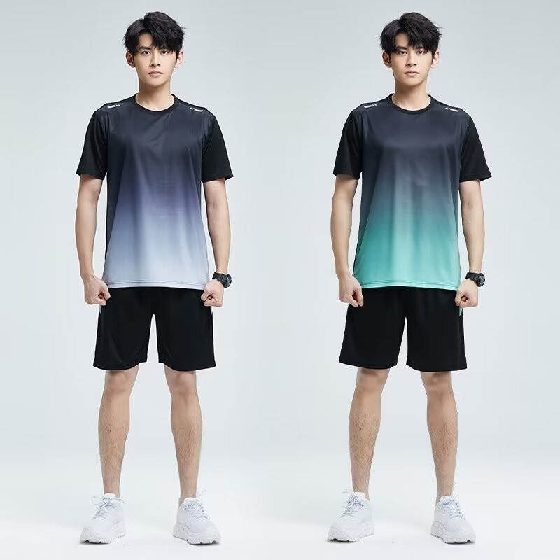 ชุดกีฬา ชุดออกกําลังกายผู้ชายอุปกรณ์วิ่งตอนเช้าวิ่งเสื้อผ้าขี่จักรยานห้องฝึกอบรมกระชับเสื้อผ้าแห้งเร็วฤดูร้อนผ้าไหมน้ําแข็ง