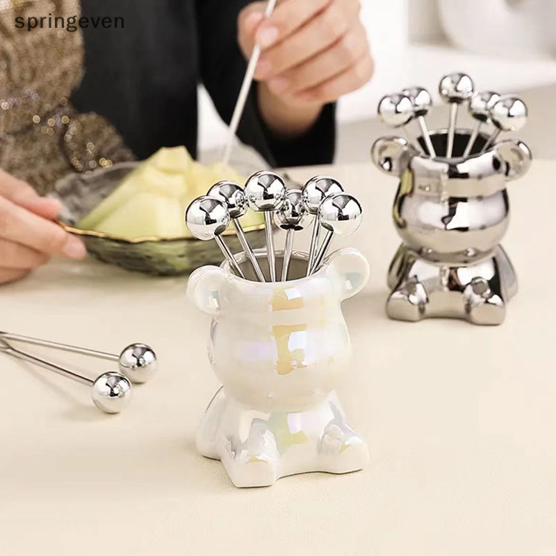 [springeven] 6 ชิ้นส้อมขนมสแตนเลสพร้อมโถเก็บเครื่องหมีน่ารักสําหรับปาร์ตี้ g ขนมผลไม้ดองสลัดใหม่สต็อก