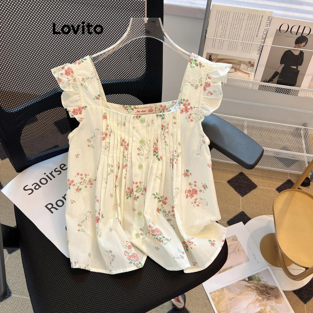 Lovito เสื้อเบลาส์ผู้หญิง ลายดอกไม้ แต่งระบาย จับจีบ สไตล์ลำลอง LNE57171