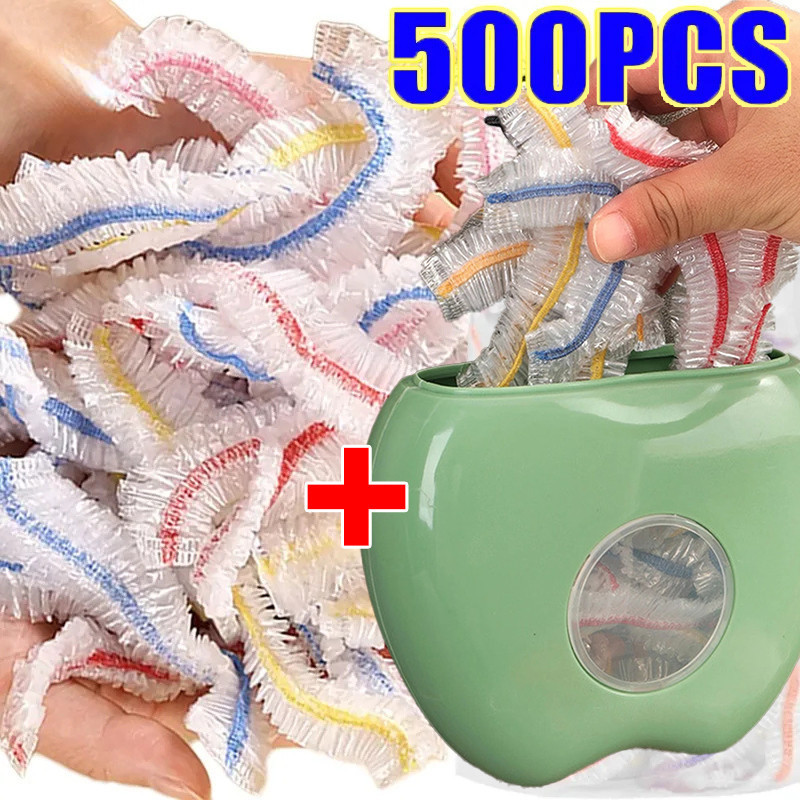 ผ้าคลุมอาหารแบบใช้แล้วทิ้ง 500 ชิ้น - ถุงฟิล์มอาหารพลาสติกยืดหยุ่น - ชามตู้เย็นในครัวหมวกเก็บสดพร้อมกล่องเก็บของ
