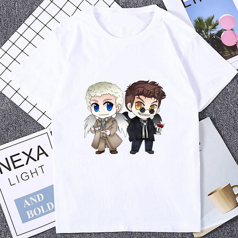 Crowley และ Aziraphale พิมพ์ T ดี Omens Tshirt Angels และ Demons กราฟิก Mens เสื้อผ้า Hit Tv Series 