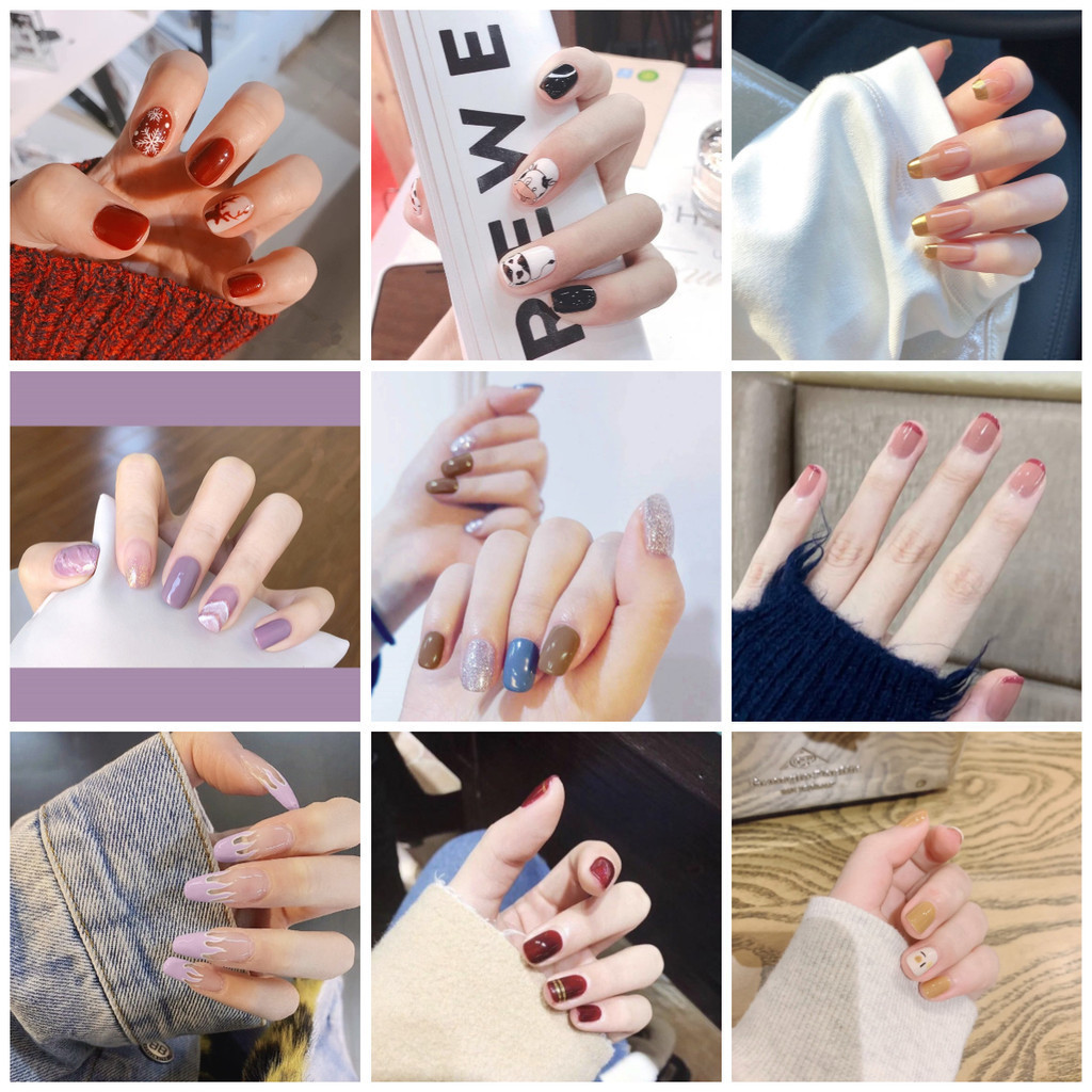 24 ชิ้นเล็บสั้นเล็บปลอมเล็บปลอมเล็บปลอมฝรั่งเศสพร้อมกาวเยลลี่ 24 ชิ้น COD