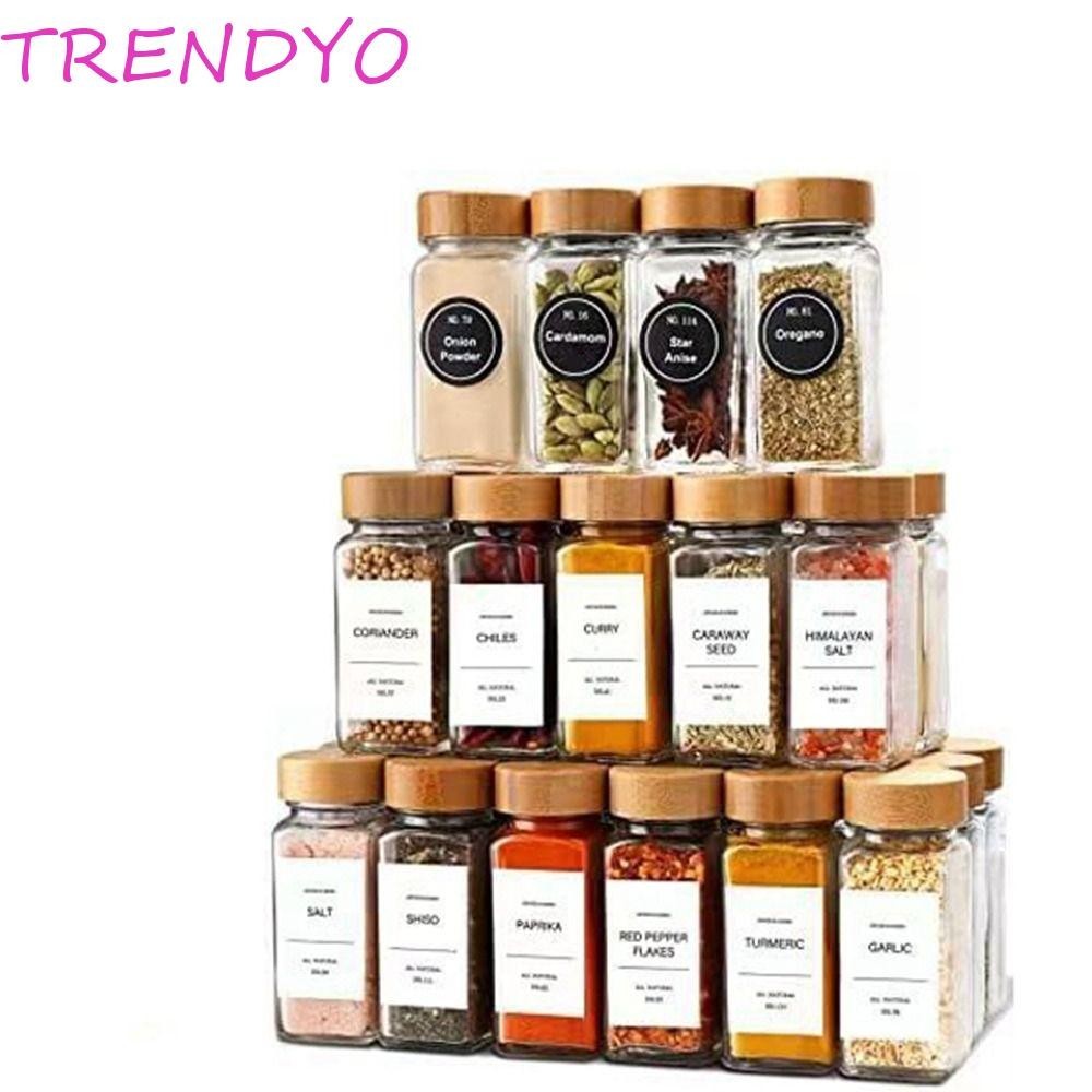 Trendyo ขวดเครื่องเทศ, ขวดเครื่องเทศใสทรงสี่เหลี่ยม, แก้ว 4 ออนซ์พร้อมฝาไม้ไม้ไผ่ ตู้ขวดปรุงรสแบบเจาะรู