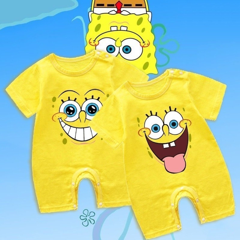 SpongeBob ตลกพิมพ์ใบหน้าชุดนอนเด็กแรกเกิดชุดจั๊มสูทเด็กน่ารักเสื้อผ้าเด็กชุดจั๊มสูทเสื้อผ้า uoxygen rxe8