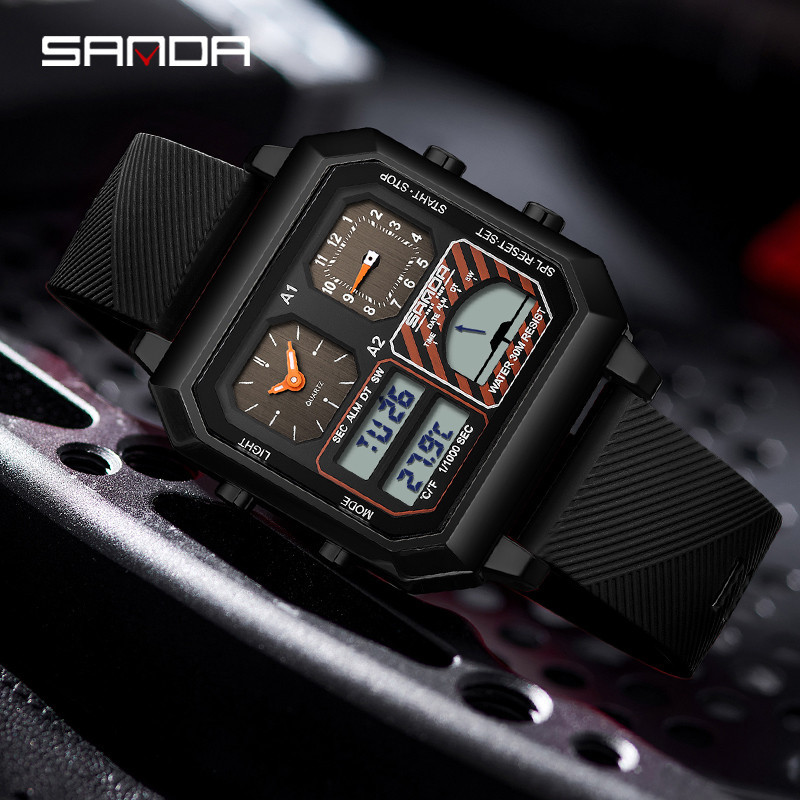 Sanda Square Dial High-end Multi Display ส่วนบุคคล Cool กีฬากันน้ํา Night Light ดิจิตอลนาฬิกาผู้ชายของขวัญ SD62108