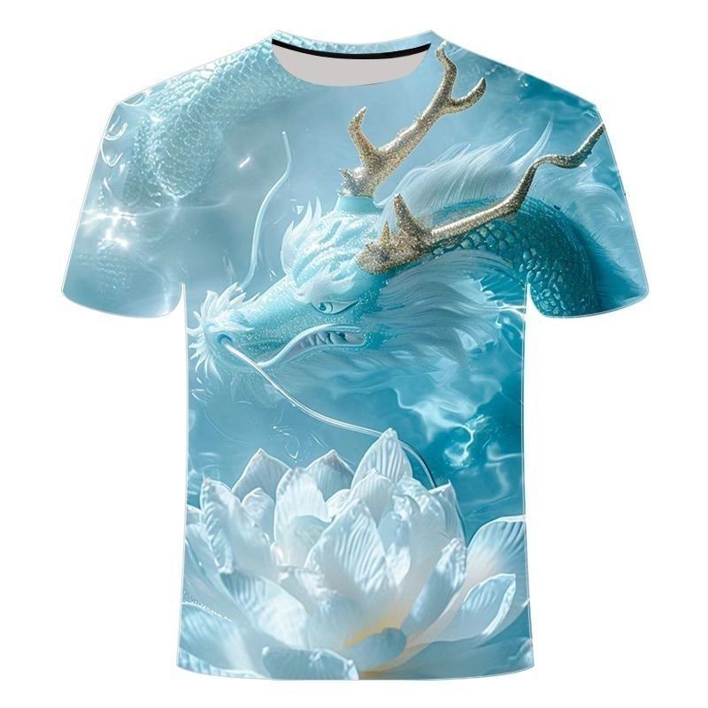 ฤดูร้อนขายร้อนผู้ชายผู้หญิงสไตล์เดียวกันแขนสั้นเสื้อยืดที่ไม่ซ้ํากัน 3ง พิมพ์น้ําแข็งมังกรรูปแบบสบายๆขนาดใหญ่เสื้อยืดคอกลม