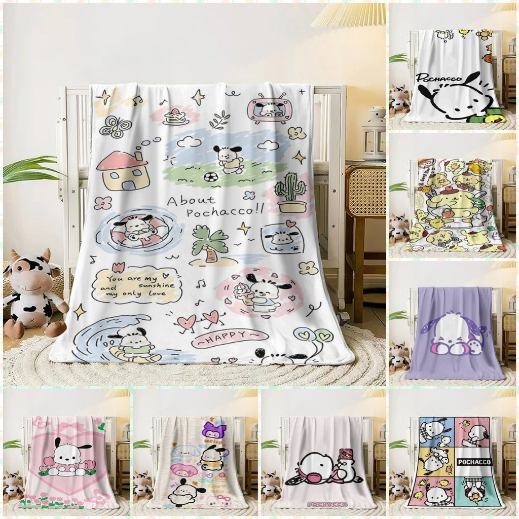 6 ขนาด Sanrio Pochacco รูปแบบผ้าห่ม Warm Soft Fluffy เด็กและผู้ใหญ่โซฟาเตียงโยนผ้าห่ม Outdoor Travel Camping แผ่น