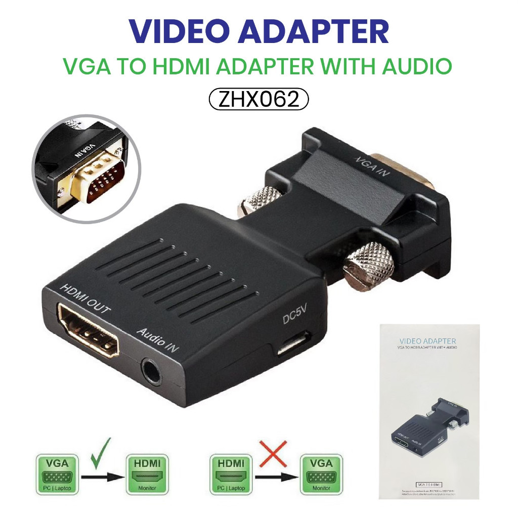 อะแดปเตอร์ VGA เป็น HDMI พร้อมตัวแปลงเสียง ชุบทอง 1080P VGA สําหรับ PC TV Xbox แล็ปท็อป โปรเจคเตอร์ HDMI ZHX062 พร้อมส่ง