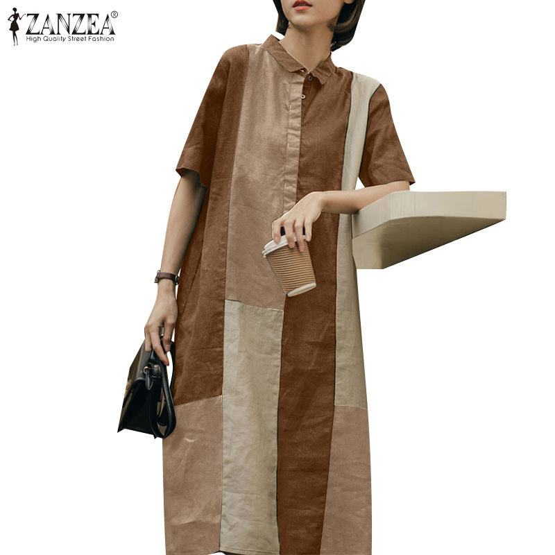 Zanzea ชุดเดรสเสื้อเชิ้ตแขนสั้นคอปกเปิดลําลองสําหรับผู้หญิง