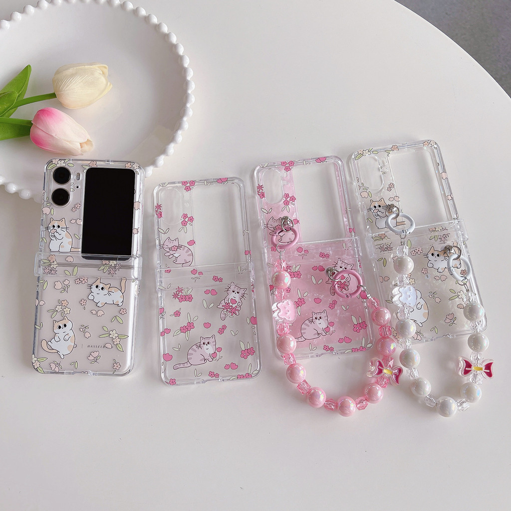 Little Fresh Pink Flower Cat Beige Flower Cat TPU เคสโทรศัพท์พับได้สําหรับ OPPO Find N3 FLIP N2 FLIP
