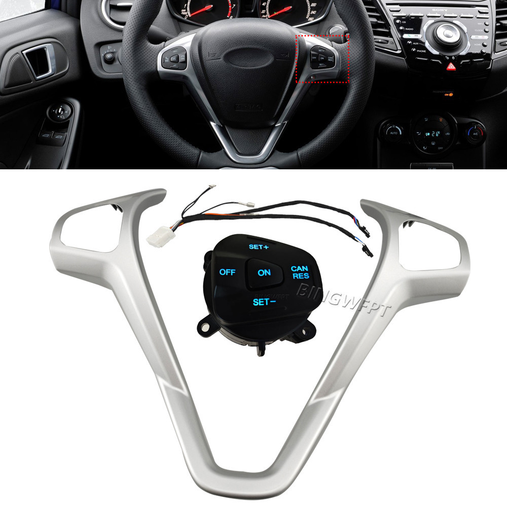 สีแดง/สีฟ้า Backlight พวงมาลัยตกแต่ง + ปุ่มควบคุม Cruise สําหรับ Ford Fiesta MK7 Ecosport 2013
