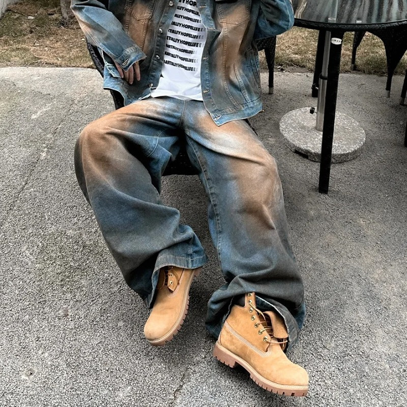 เป่าหลงซิน ผู้ชายชุดยีนส์ด้อยใหม่อเมริกันย้อนยุคแจ็คเก็ตยีนส์ระดับไฮเอนด์และกางเกงสําหรับฤดูใบไม้ร่วงและฤดูหนาว
