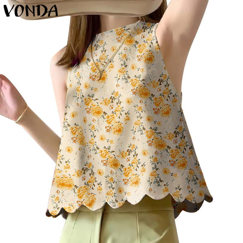 Vonda ผู้หญิงเกาหลีคอกลมแขนกุด Burnt ดอกไม้ถังวันหยุด