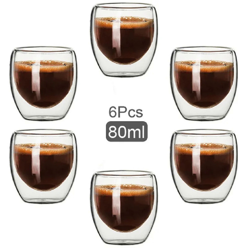 6pcs, 2.7OZ Creative Coffee Cups, High Borosilicate Double-layer Espresso Glass Cup, Transparent Dri