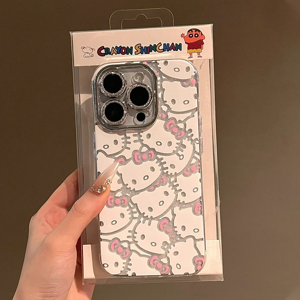 Ins เกาหลี Hello Kitty สีชมพูโบว์ Knot IPhone กรณีเต็มรูปแบบกันกระแทก Hard Case IPhone 11 หรูหรา Electroplated เลนส์ฟิล์มป้องกันกรณีสําหรับ IPhone 15 14 13 12 11 Pro Max