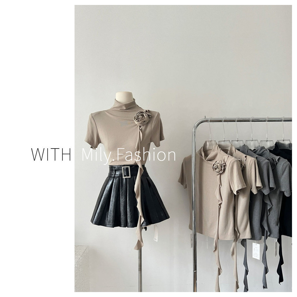 Milyfashion ใหม่ เสื้อยืด คอสูง แขนสั้น ลายดอกไม้ ริบบิ้น สามมิติ ออกแบบดี สีพื้น สําหรับผู้หญิง
