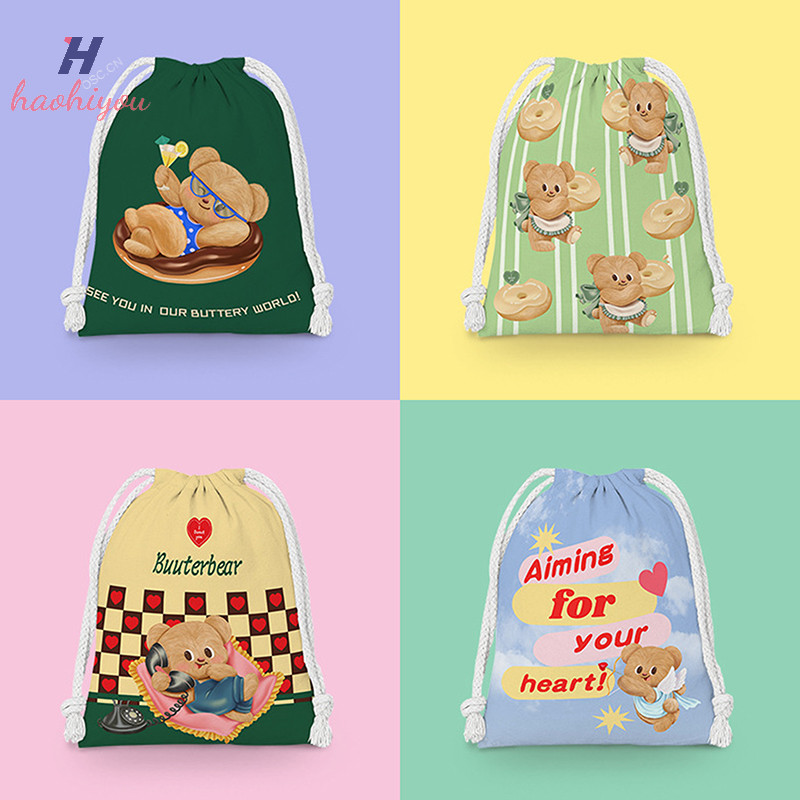 <haohiyou> Butter Bear บิสกิต Candy Snack Drawstring Bag กระเป๋าผ้าการ์ตูนถุงเก็บเบ็ดเตล็ดกระเป๋าเครื่องสําอางแบบพกพากระเป๋าแป้ง Nice