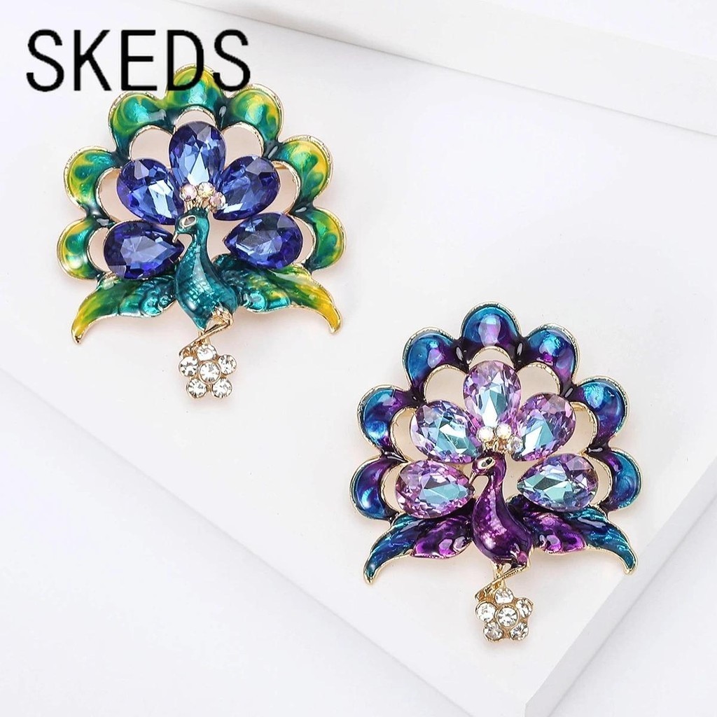 Skeds Luxury Dazzle Rhienstone นกยูง Creative Design เข็มกลัด Pin สําหรับผู้หญิงผู้ชาย Shining Boutique สัตว์ป้ายของขวัญ