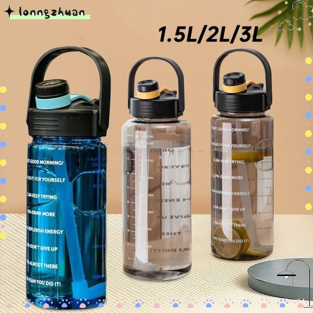 Lonngzhuan ขวดน้ํากีฬา, ขวดเครื่องดื่มกันรั่ว 1.5 ลิตร/2 ลิตร/3 ลิตร, ความจุขนาดใหญ่น้ําหนักเบาพร้อมเครื่องหมายเวลากาต้มน้ําเดินทาง
