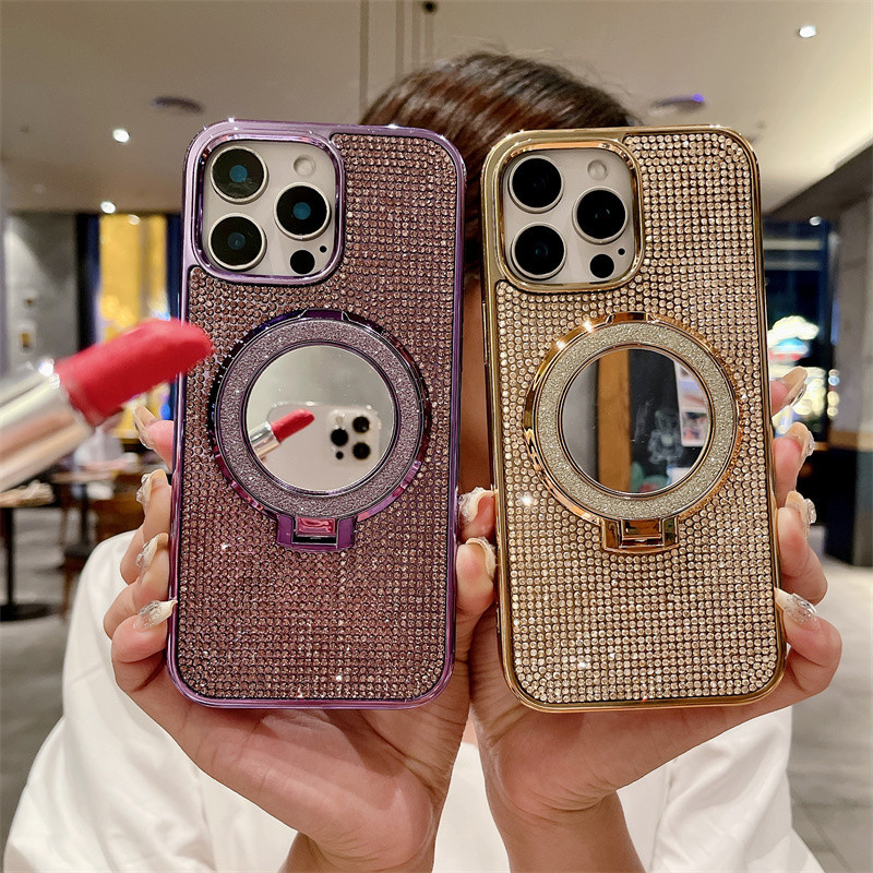 ชุบ Bling Diamond Make-Up Mirror Bracket เคสโทรศัพท์สําหรับ IPhone 16 15 14 13 12 11 Pro Max 16 15 14 Plus ผู้หญิงแฟชั่นสไตล์กันกระแทกฝาครอบป้องกัน