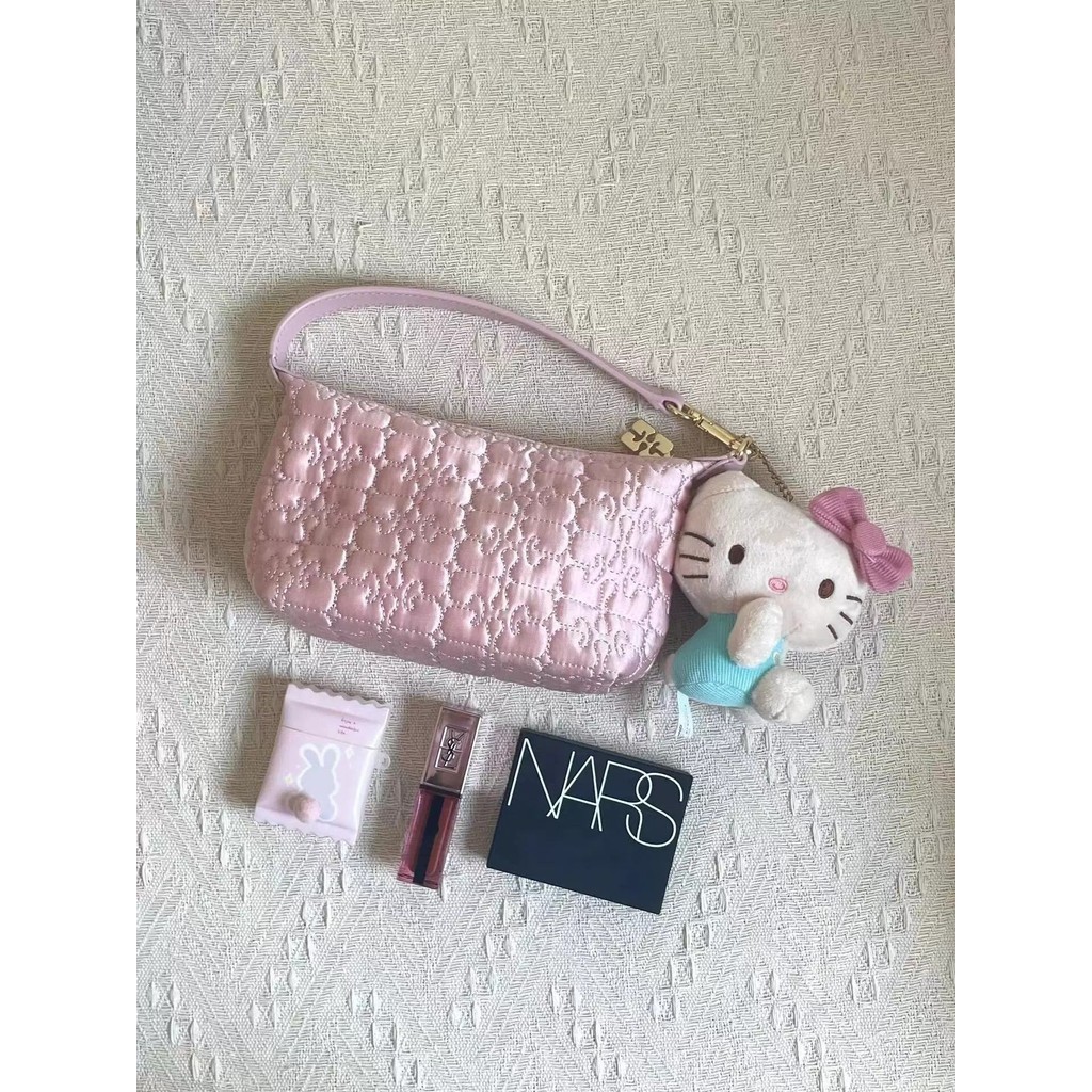กระเป๋าใบเล็กขนาดเล็ก Niche สีชมพูน่ารักผีเสื้อหวานเรียบง่ายหนังตะเข็บกระเป๋าถือ
