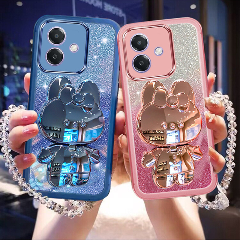 เคสโทรศัพท์สําหรับoppo A3x A3 Reno12F OPPOA3X OPPOA3 Reno 12 12F Reno12F 4G 5G Handphoneปลอกน่ารักน่ารักชุบกระต่ายกระจก + CHAINแขวนสร้อยข้อมือเชือกฝาครอบ