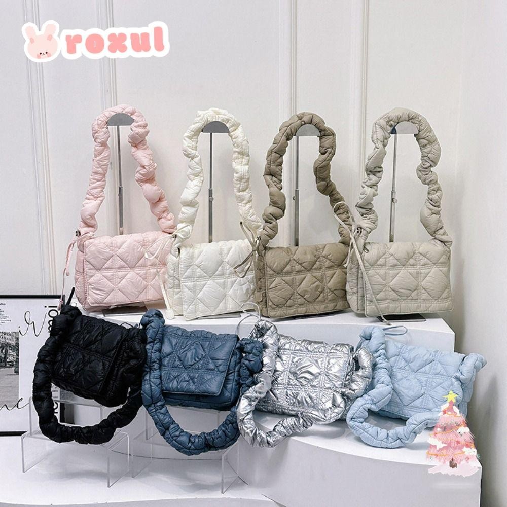 Roxul กระเป๋าสี่เหลี่ยมเล็ก, กระเป๋าสะพายข้างแบบมีเชือกรูดไนลอน, กระเป๋า Tote นุ่มบุนวมลําลองสีทึบผู้หญิง