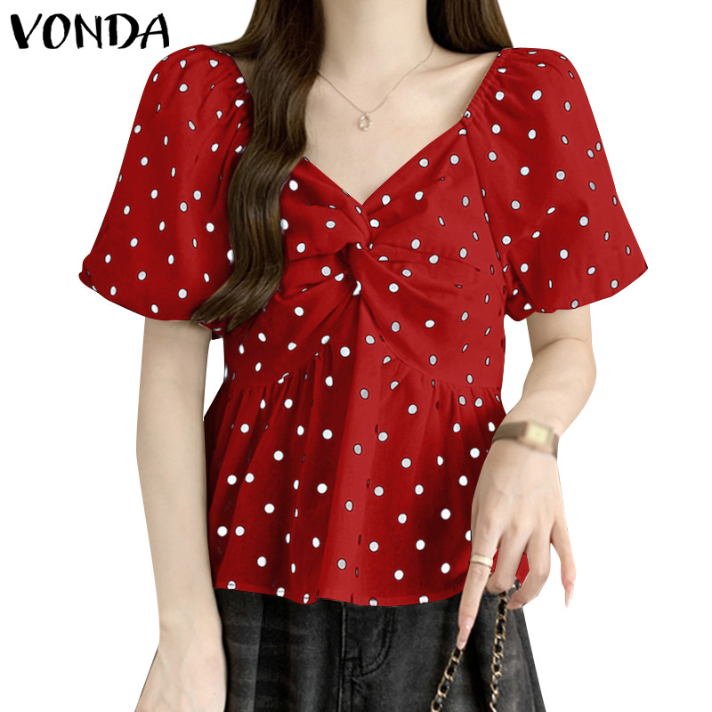 Vonda ผู้หญิงเกาหลีลําลองคอวีแขนพัฟลายจุดเสื้อหลวม