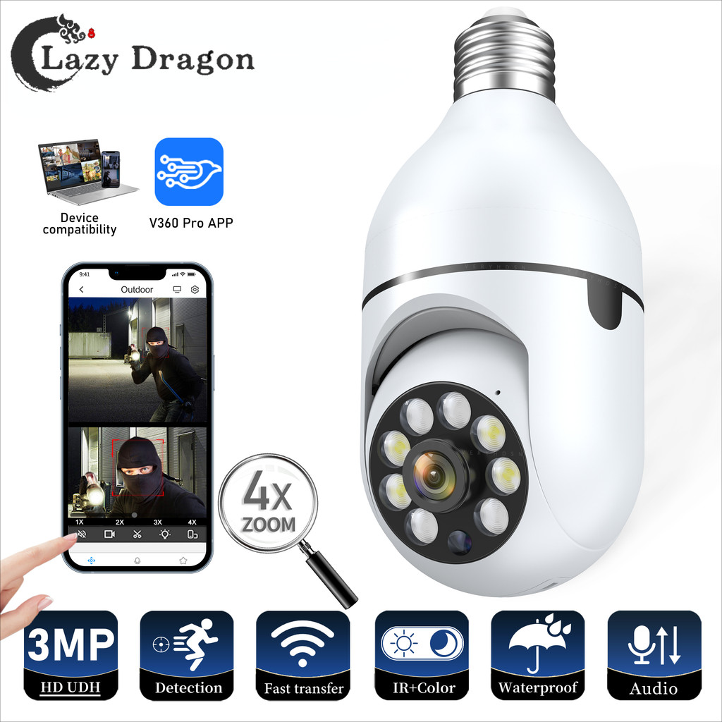 E27 หลอดไฟกล้อง 4X ซูมดิจิตอล AI Human Motion Detect Full Color Night Vision กล้องเฝ้าระวัง