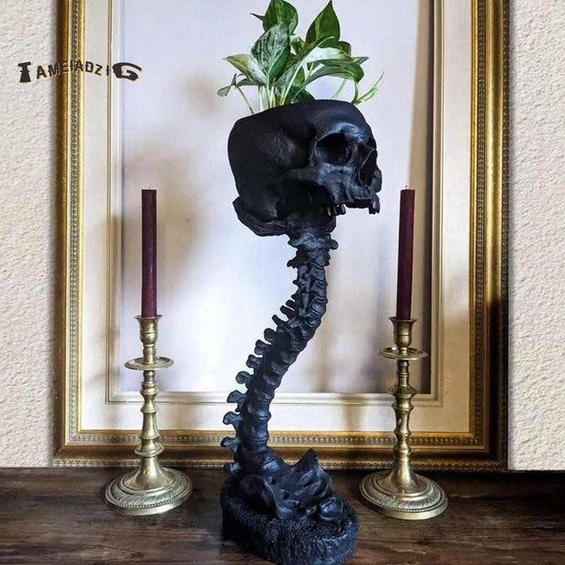 ⭐เรซิ่น Skull Planter & Spine Stand Set, Polyresin Skulls Pot, ตกแต่งฮาโลวีน Retro Human Skull ดอกไม้สีดํา