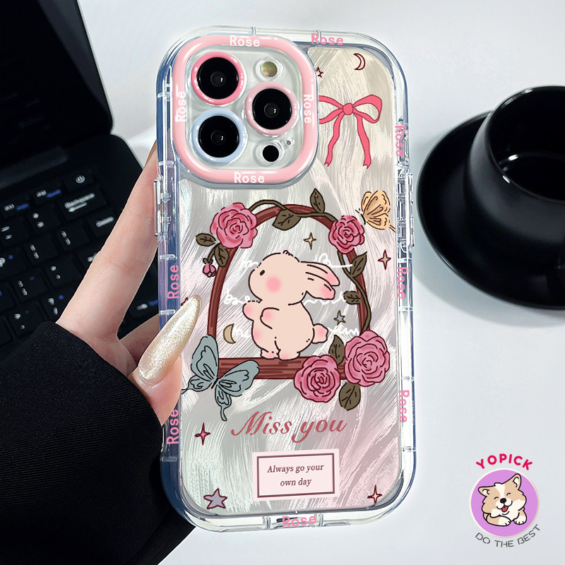 Rose Rabbit น่ารักเคสโทรศัพท์สําหรับ IPhone 11 12 13Pro Max 14Plus XR XS Max 7 8 Plus SE2020 การ์ตูนฝาครอบโทรศัพท์สําหรับ IPhone 15ProMax เคสซิลิโคนสาวเพื่อน NYS