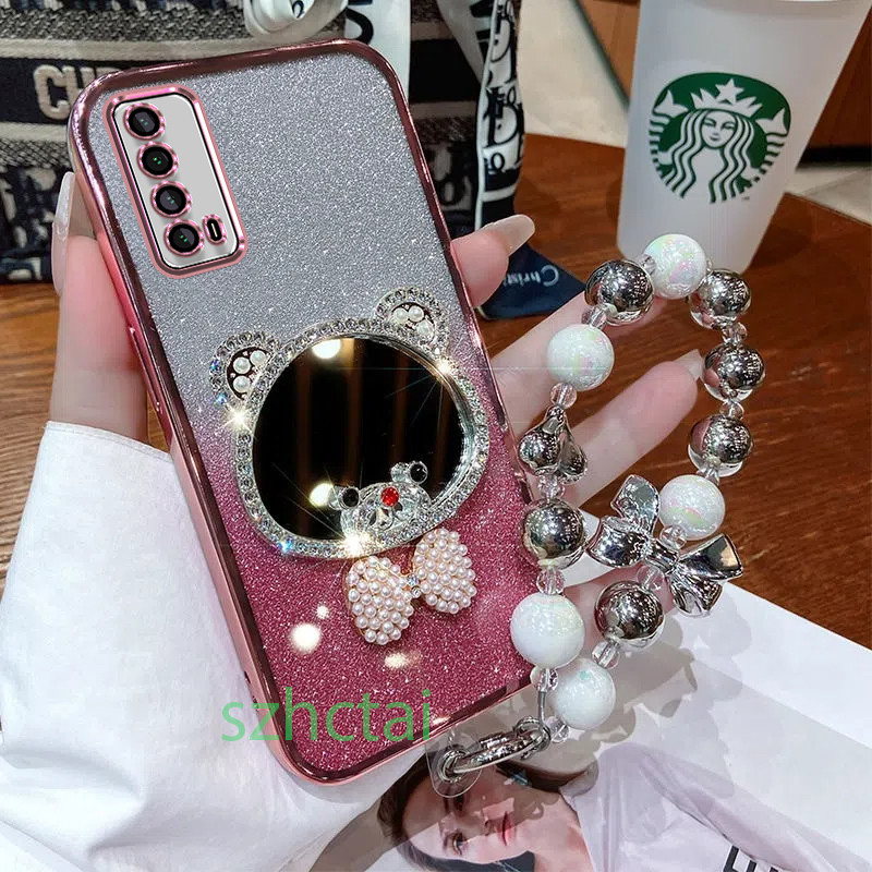 เคสโทรศัพท์ Huawei y7a กระจกแต่งหน้าหูหมีมงกุฎหรูหราพร้อมเชือกเส้นเล็ก เคส Huawei y7a