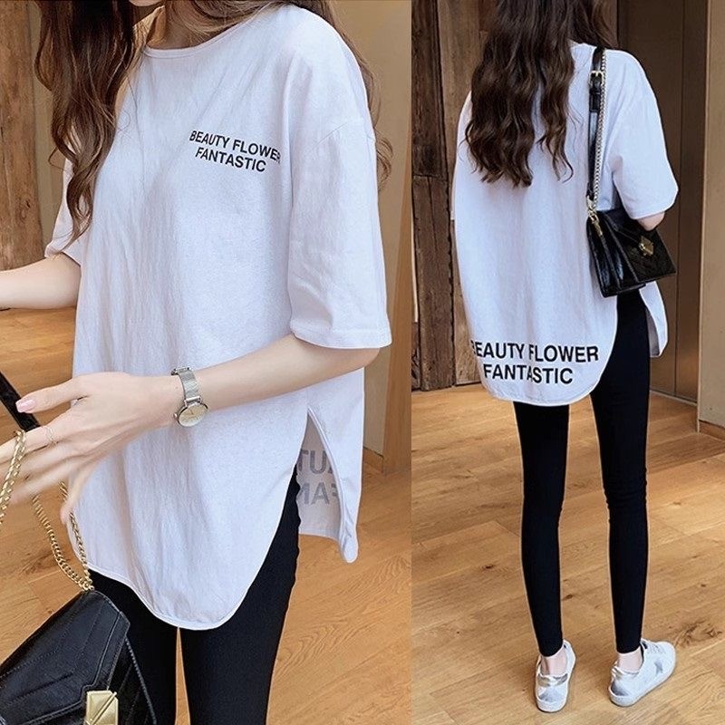 เสื้อยืด Oversize(40-150kg) Plus Size Women U Neck T Shirt Long Cutting Bottom Print Split Tops