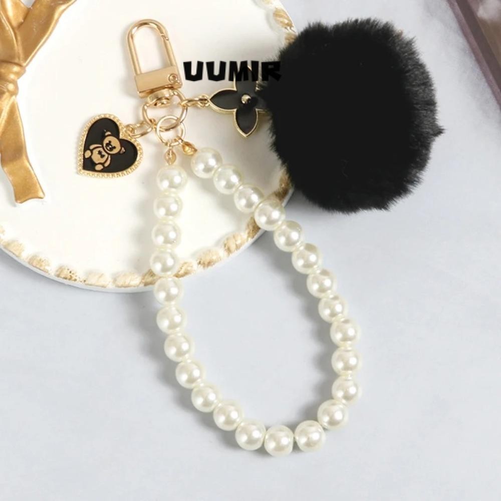 UUMIR พวงกุญแจปอมปอม จี้ห้อยกระเป๋าไข่มุก รัก หมี เครื่องประดับ หรูหรา ลูกบอล สีชมพู สีดํา ที่ห้อยกุญแจรถ