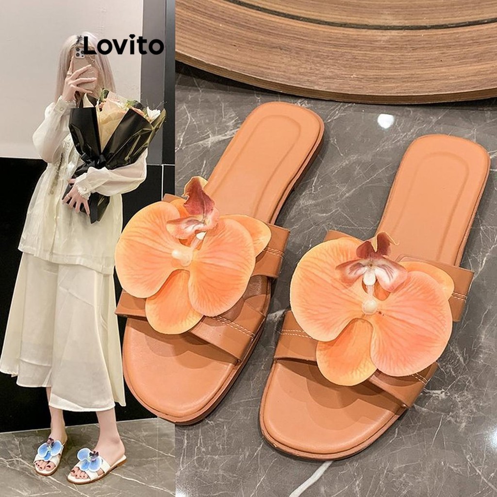 Lovito ดอกไม้ธรรมดาสบาย ๆ บล็อกสี ด้านล่างนุ่มกันลื่นมัดย้อมรองเท้าแตะแบนสำหรับผู้หญิง LFA45512