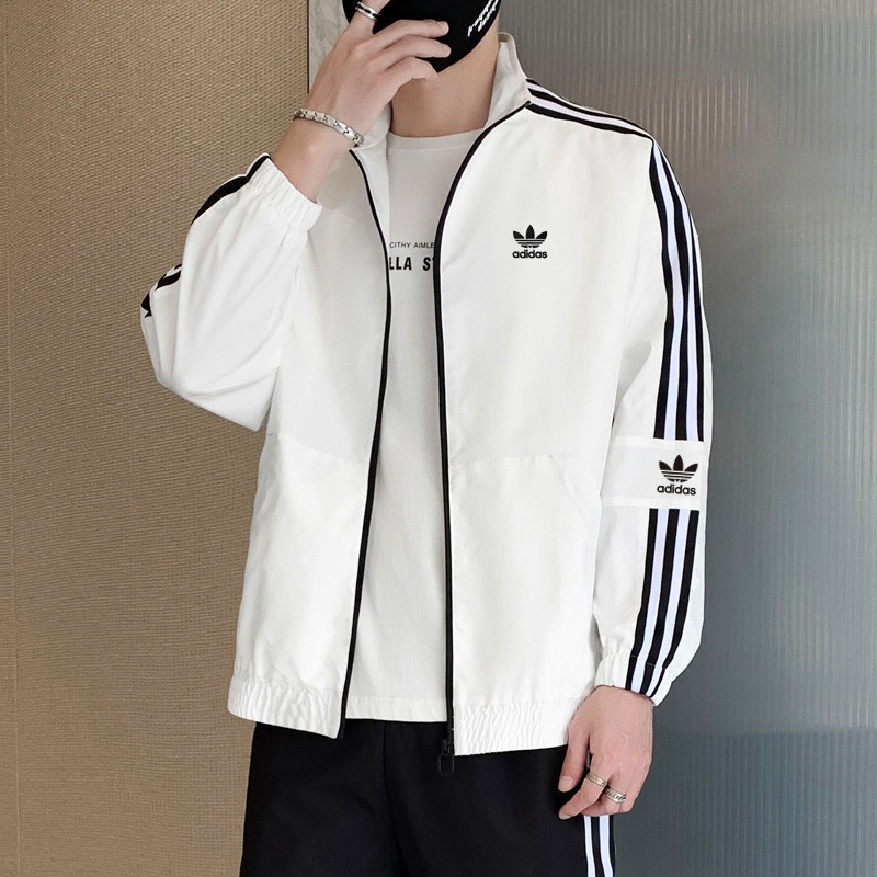 ปักโลโก้ Adidas Original Stand Collar Jacket Plain Jacket กีฬากลางแจ้ง Windbreaker Unisex Windbreake