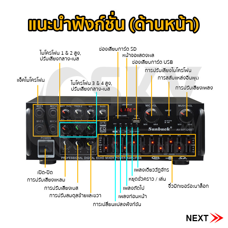 SKYSOUND เพาเวอร์แอมป์ 1600วัตต์ บลูทูธในตัว AV-326BT ใช้ลำโพง 15นิ้วได้ เครื่องขยายเสียง แอมป์ขยายเสียง เครื่องเสียงบ้า
