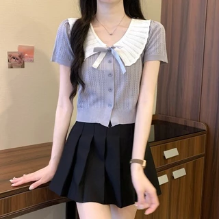 French Sweet All-Match Bow Contrast สีเสื้อถักฤดูร้อนสไตล์ใหม่ตุ๊กตาสั้น Casual Slimmer ดู All-Match Top ผู้หญิง