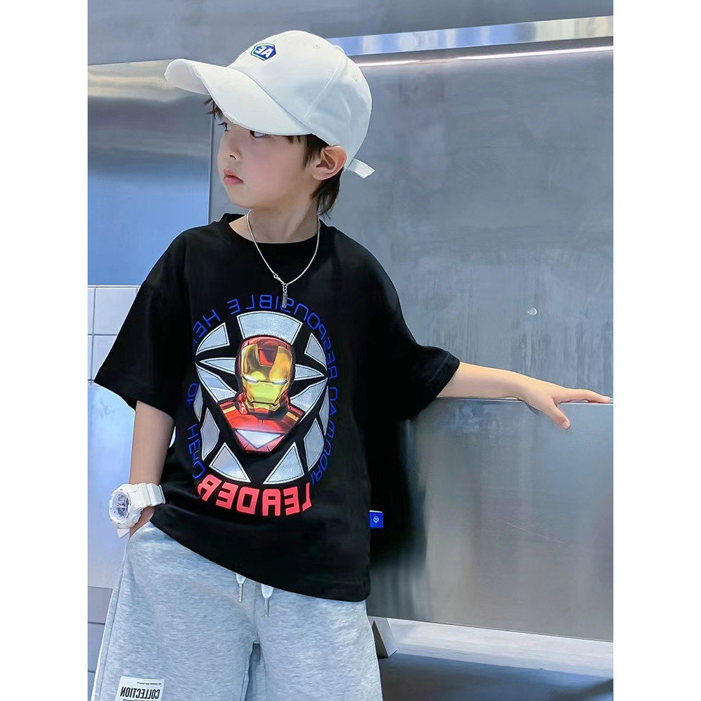 (จัดส่งตลอด 24 ชั่วโมง)Kids T shop เด็กผ้าฝ้ายแขนสั้นคอกลมเสื้อยืดเด็กชายเสื้อผ้าไอรอนแมนพิมพ์ลาย