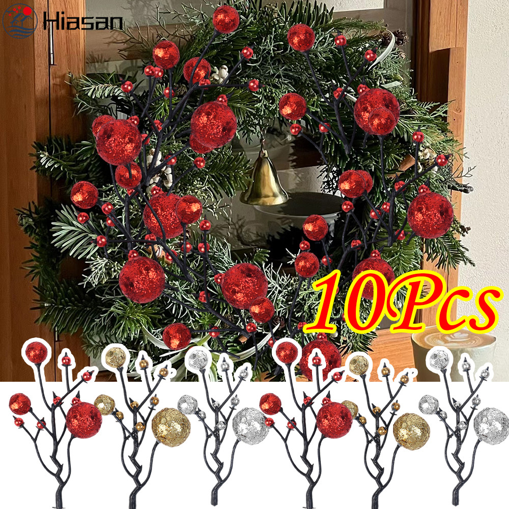 1-10 ชิ้น DIY พวงหรีด Xmas Tree ดอกไม้เทียม - Glitter Gold Silver Red Berry สาขา - ปีใหม่ตกแต่งบ้านปาร์ตี้ - จําลองคริสต์มาส Holly Berries