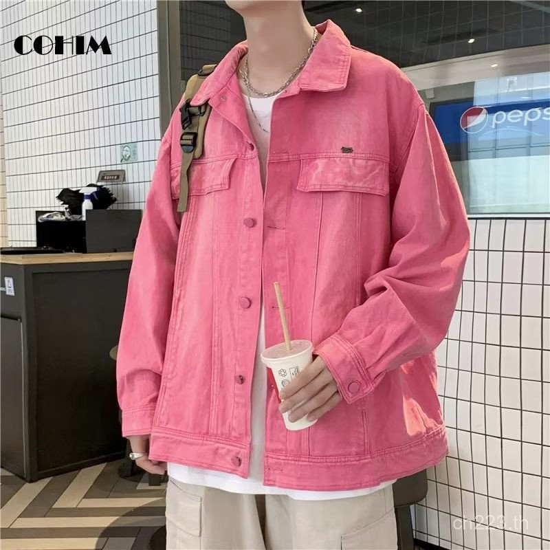 เสื้อแจ็คเก็ตยีนส์สีชมพูแนววินเทจสไตล์อเมริกันสำหรับผู้ชายแบบใหม่ฤดูใบไม้ผลิและฤดูใบไม้ร่วง INS แบรนด์แฟชั่นสไตล์ฮ่องกงเสื้อสุดหล่อแจ็คเก็ตชุดทำงาน