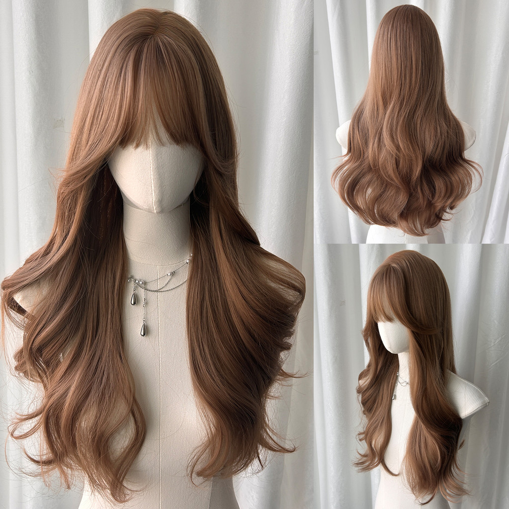 65 ซม.คลื่นสีน้ําตาล Big Curly Wigs Bangs สังเคราะห์ทนความร้อน Deep Wave ผมสําหรับผู้หญิงผู้ชายคอสเพลย์ Party