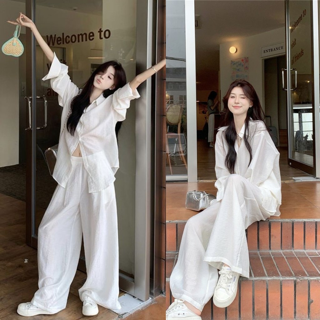 สูทผู้หญิงอารมณ์สบายๆใหม่เสื้อ + กางเกงเอวสูงขากว้างชุดสองชิ้น