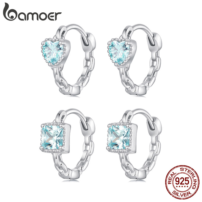 Bamoer ต่างหูเงินแท้ 925 Heart Aquamarine เครื่องประดับของขวัญสําหรับผู้หญิง