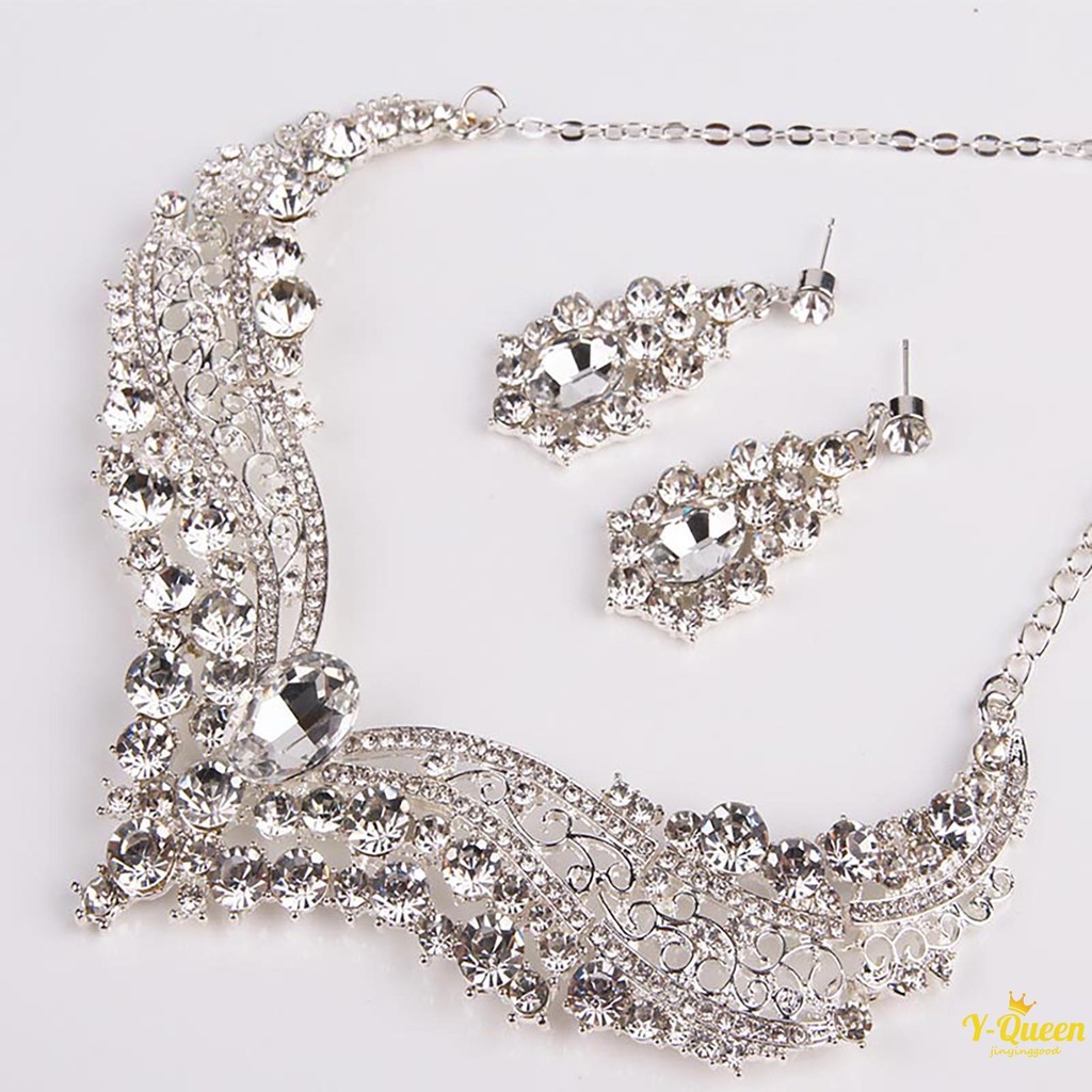 เจ้าสาวเต็ม Rhinestones สร้อยคอชุดต่างหูประกายชุดเครื่องประดับ Rhinestones เต็ม